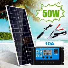 50W 5V/18V Solar Panel Dual USB Output Monocrystalline Solar Panel IP65 Water-resistant with 10A Solar Charge Controller Regulator for Car Yacht Batterys Boat Charger